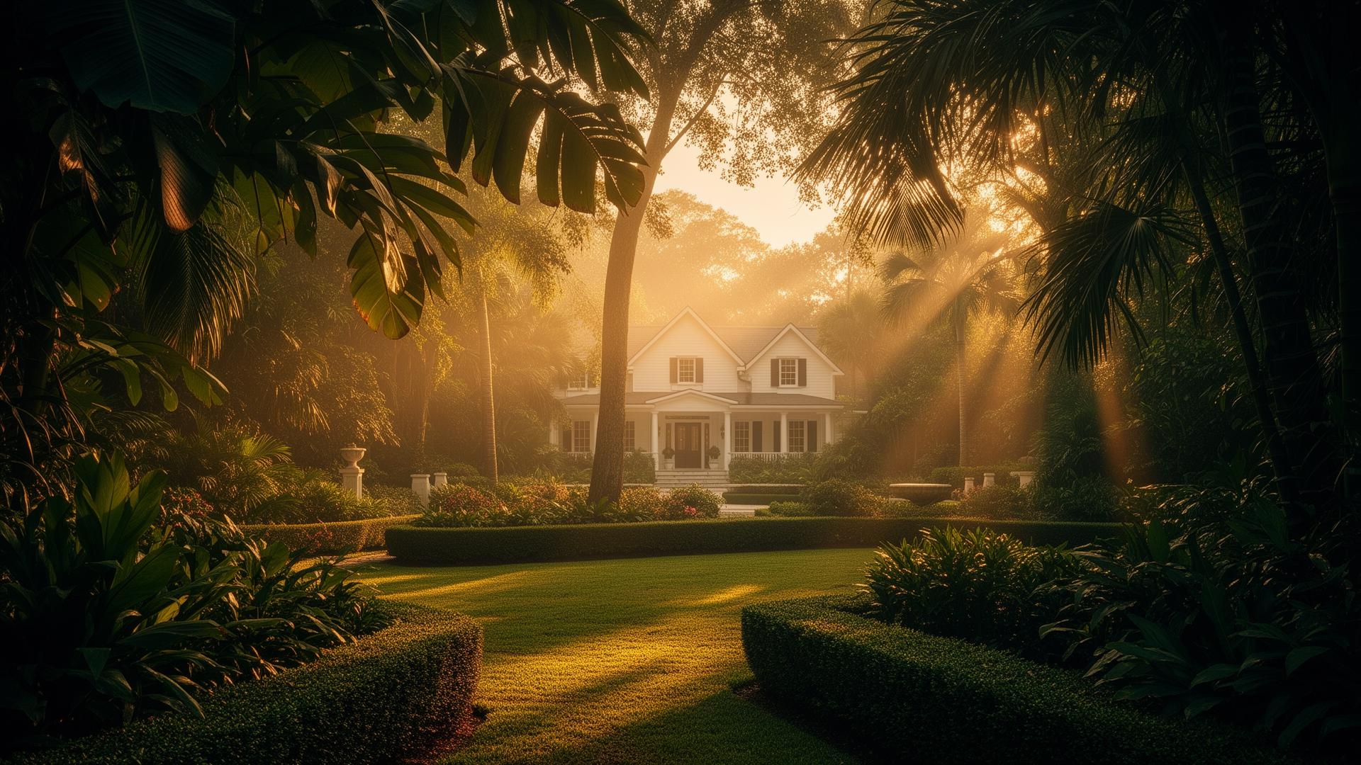 Luxury garden landscape at golden hour