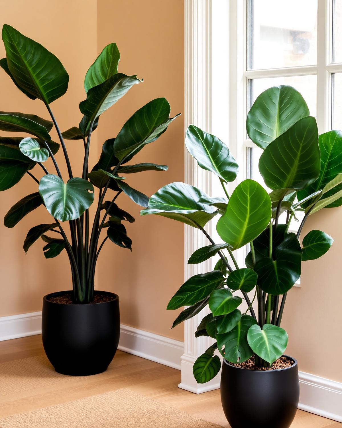 Designer indoor plants in matte black pots
